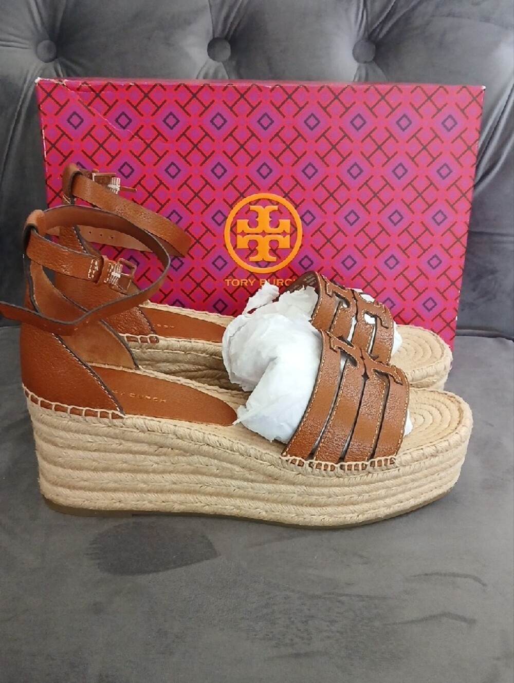 Tory Burch Tan Leather Espadrille Platform Wedge Sandals - Picture 12 of 12